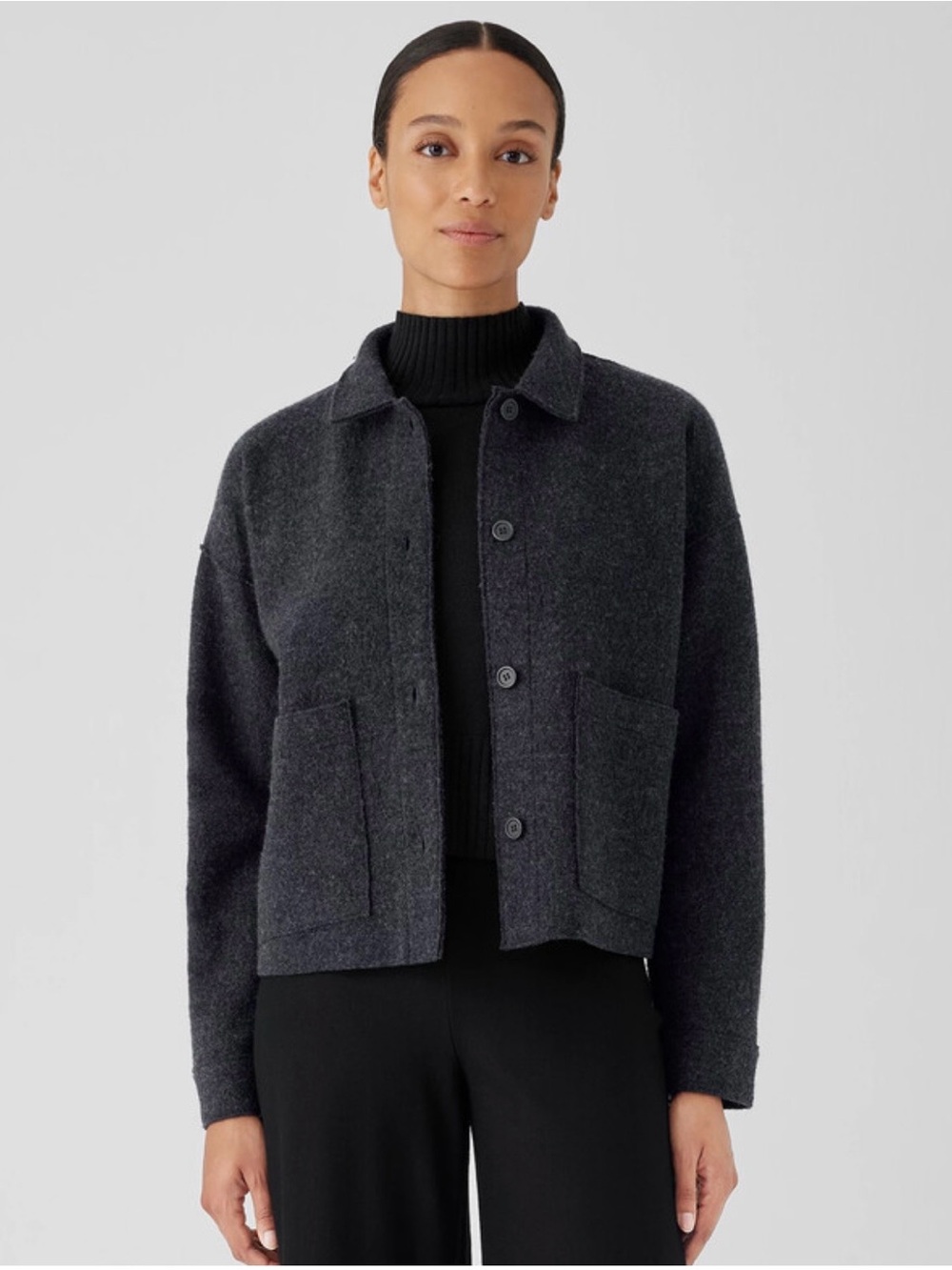 Eileen Fisher Charcoal Wool-Blend Cropped Utility Jacket